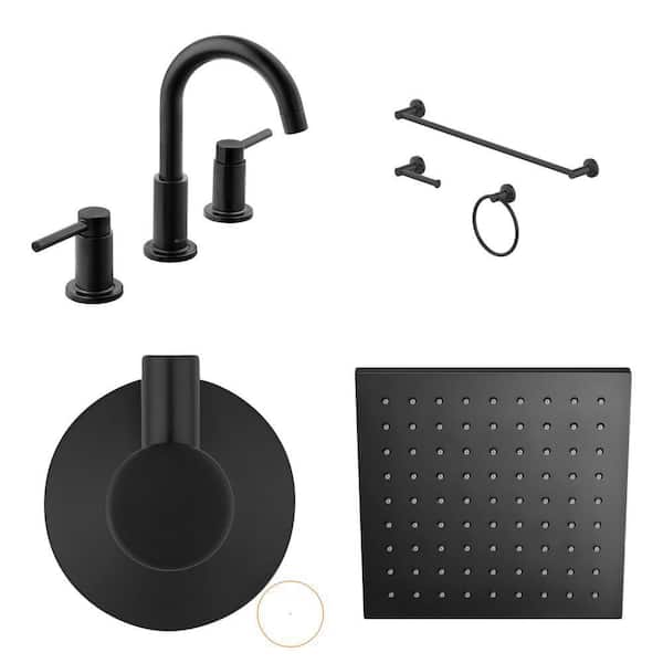 Dorind Matte Black Faucet, 3-Piece Hardware Set, Robe Hook and 8.8 in. Shower Head Combo