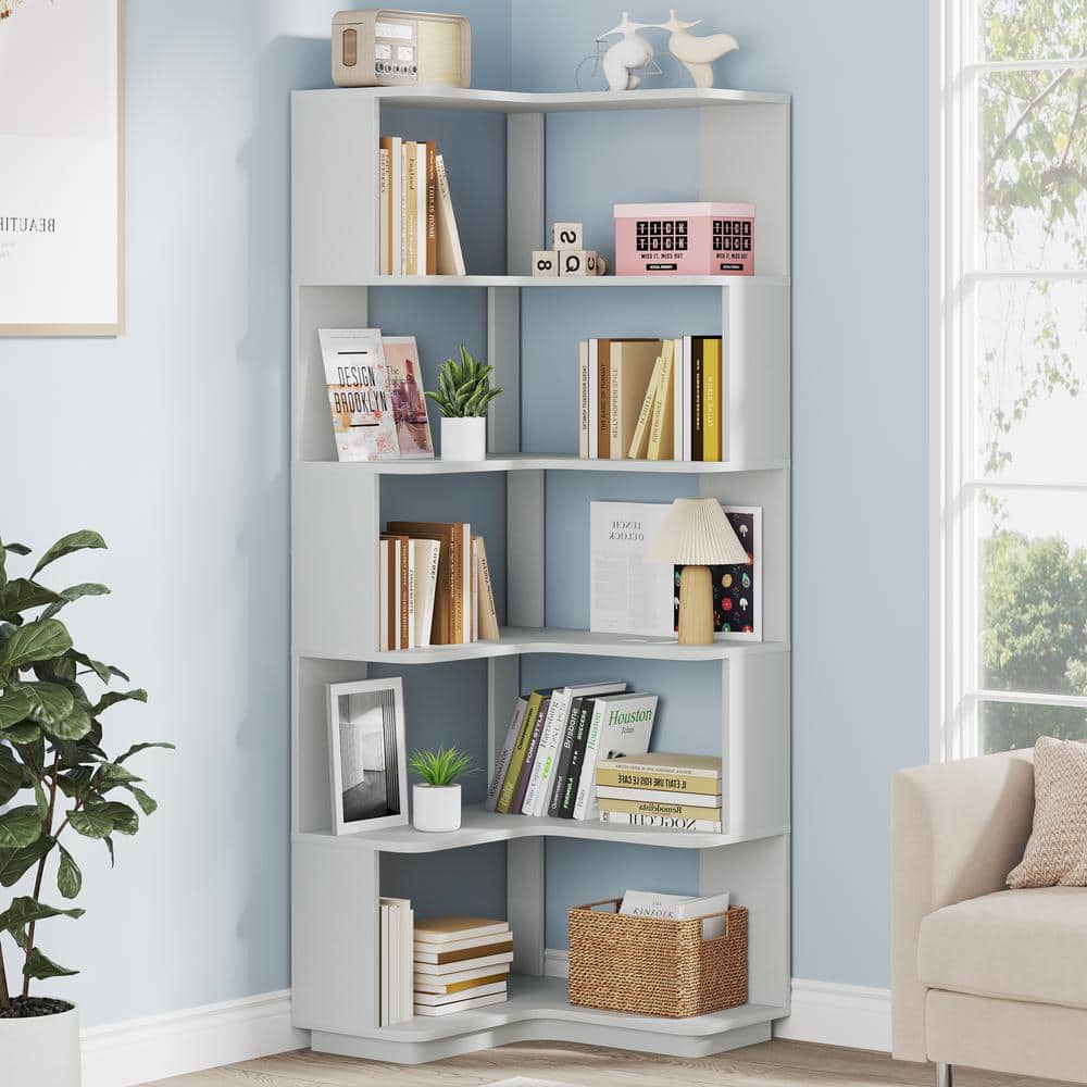 TRIBESIGNS WAY TO ORIGIN Jannelly 65 in. Tall Silver Gray Engineered Wood  6-Shelf Corner Standard Bookcase Bookshelf with Anti-Drop Panel 
