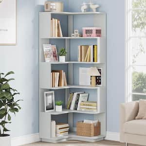 Jannelly 65 in. Tall Silver Gray Engineered Wood 6-Shelf Corner Standard Bookcase Bookshelf with Anti-Drop Panel