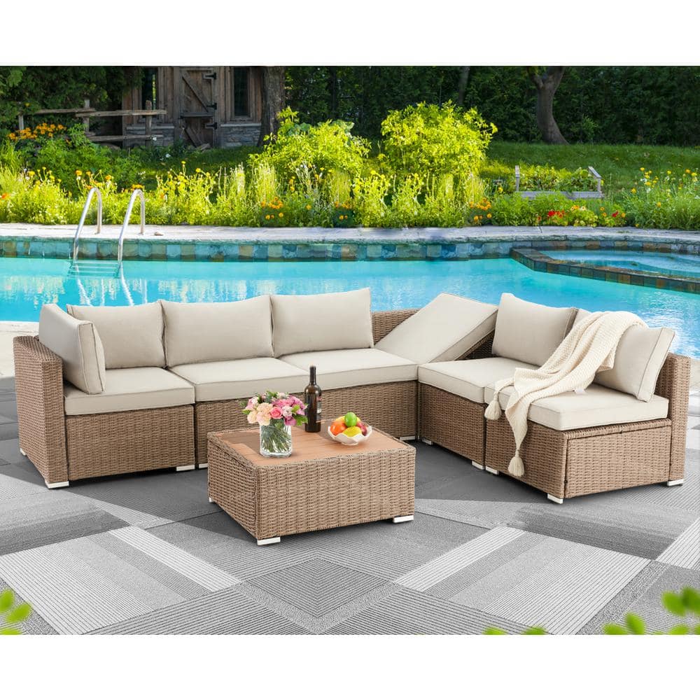 Winado Brown 7-Piece Wicker Outdoor Sectional Set with Beige Cushions  835121212571 - The Home Depot