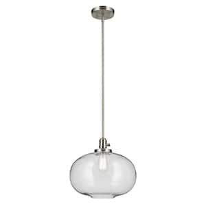 Avery 14.5 in. 1-Light Brushed Nickel Vintage Industrial Shaded Globe Kitchen Hanging Pendant Light with Seeded Glass