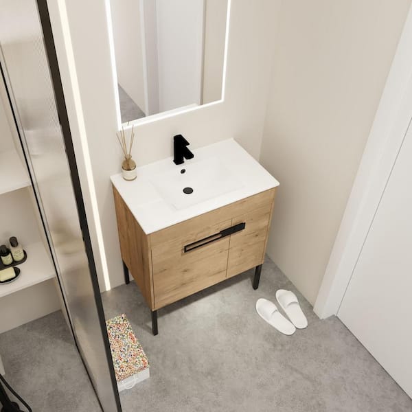 Simply 30 in. W X 18 in. D x 35 in. H Bath Vanity in Imitative Oak with White Ceramic Vanity Top