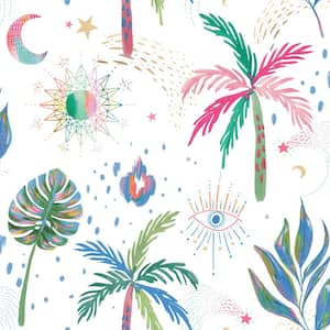 EttaVee White Multi-Colored Nuit Tropicale Vinyl Peel and Stick Wallpaper