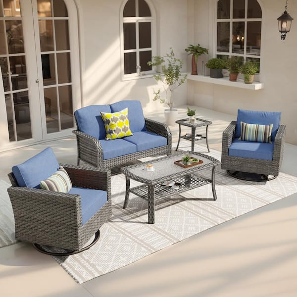 weaxty W Rocking Hyacinth Gray 4-Piece Wicker Patio Outdoor Conversation Seating Set with a Coffee Table and Denim Blue Cushions