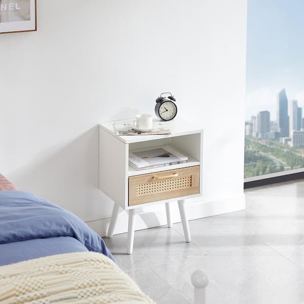 Angel Sar White 15.75 in. Rattan Modern Nightstand End Table with Drawer and Solid Wood Legs for Living Room and Bedroom