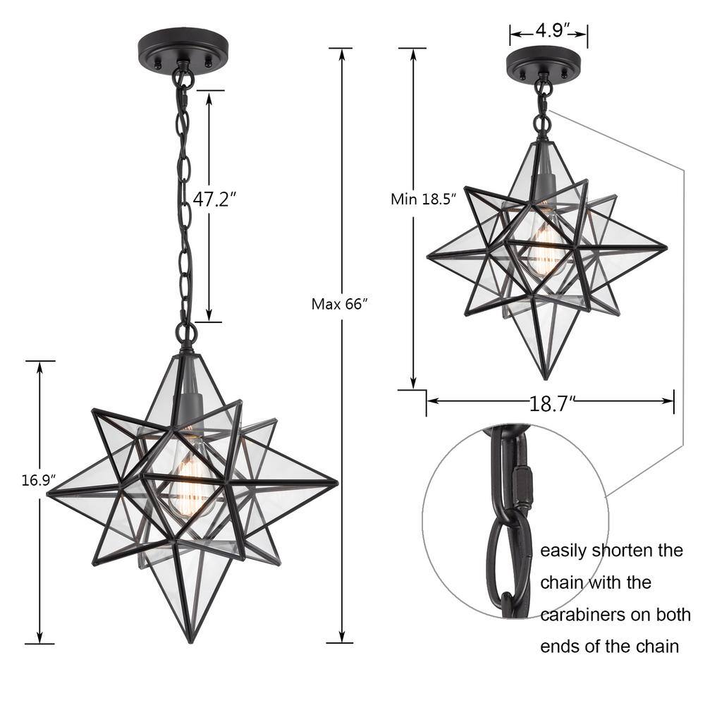 Geometric Black and Clear Glass Star Pendant Light with Adjustable Chain