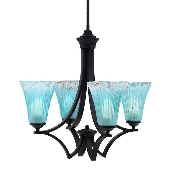 Unbranded Clevelend 4-Light Matte Black Round Chandelier with 5.5 in. Fluted Teal Crystal Glass Shades, No bulbs included