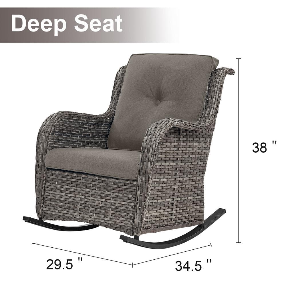 Gray Wicker and Steel Rocking Armchair Set with Cushions