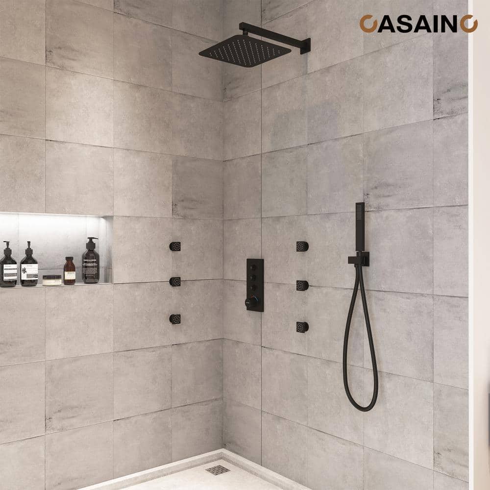 Matte Black 12-Inch Wall Mounted Shower System with Body Jets