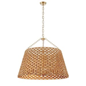 29.92 in. 6-Light Gold Woven Chandelier Boho Hand Rattan Height Adjustable Rustic Farmhouse Ceiling Hanging Light
