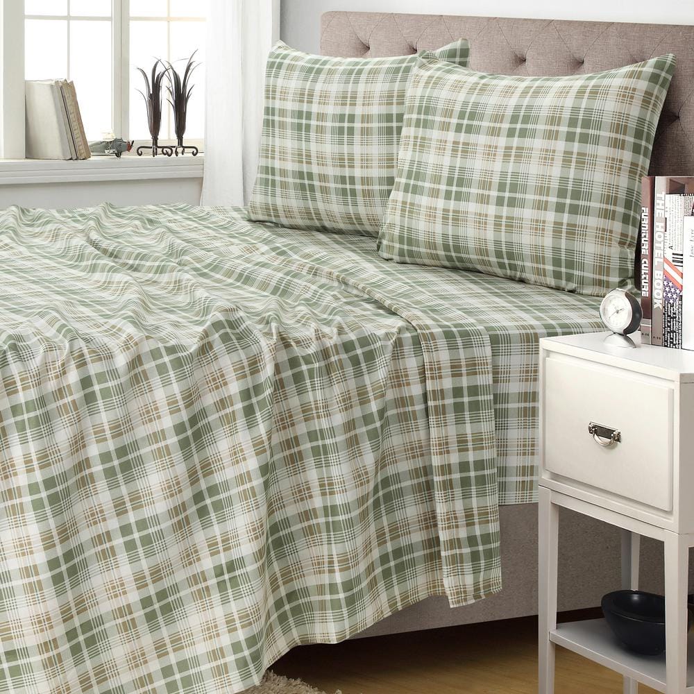 Twin Blue Plaid Polyester Microfiber Embroidered Sheet Set