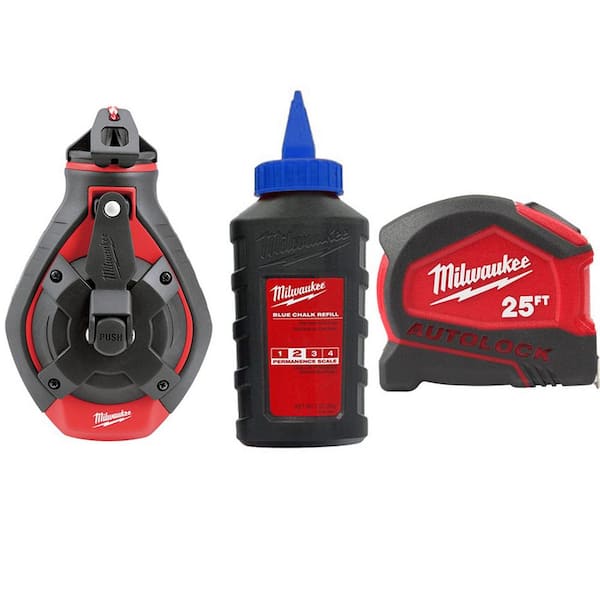 Milwaukee 100 ft. Bold Line Chalk Reel Kit with Blue Chalk and 25 ft. Compact Auto Lock Tape Measure