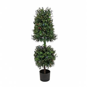 48 in. Artificial Boxwood Cone and Ball Topiary with Multi-Function LED, Green