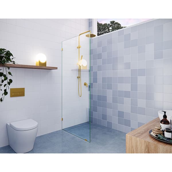 Glass Warehouse Vela 33.5 in. W x 78 in. H Frameless Fixed Single Panel Shower Door in Satin Brass Without Handle