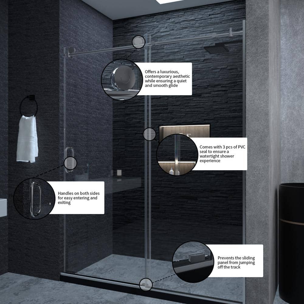 60'' Silver Semi-Frameless Sliding Shower Door with Clear Tempered Glass