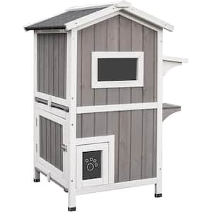 Double Outdoor Cat House, Wooden, Windproof, Rainproof with Escape Door, Gray