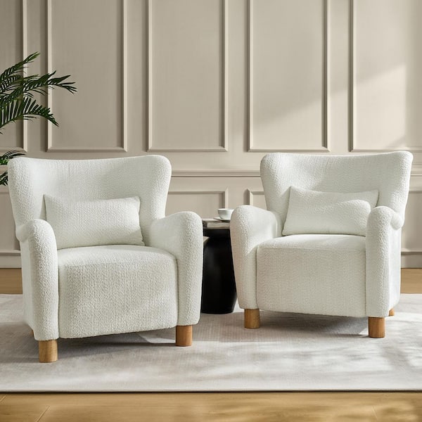 JAYDEN CREATION Leobarda Ivory Boucle Fabric Accent Chair Set of 2 with Wingback and Solid Wood Legs