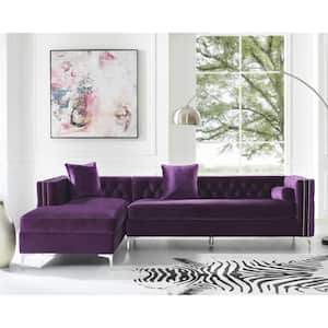 Olivia Purple/Silver Velvet 4-Seater L-Shaped Left-Facing Sectional Sofa with Nailheads