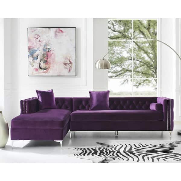 Inspired Home Olivia Purple/Silver Velvet 4-Seater L-Shaped Left-Facing Sectional Sofa with Nailheads