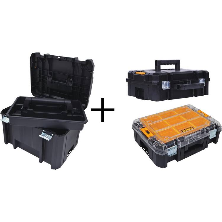 DEWALT TSTAK VI 17 in. Deep Tool Box, TSTAK II Flat Top Tool Case and TSTAK V Stackable 9-Compartment Small Parts Organizer