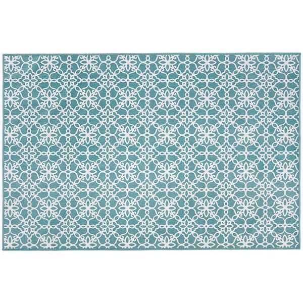 Ruggable Washable Floral Tiles Aqua Blue 3 ft. x 5 ft. Stain Resistant Accent Rug