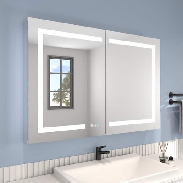 ExBrite 44 in. W x 30 in. H Rectangular Silver Aluminum Recessed/Surface Mount Dimmable Medicine Cabinet with Mirror