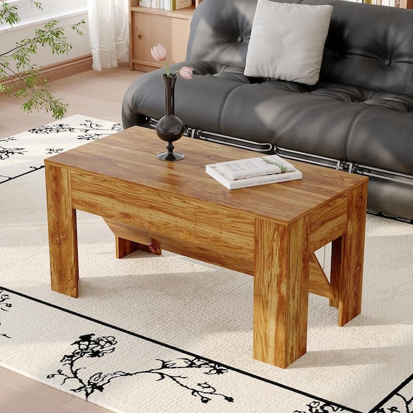 39.4 in. Length in Orange Wood Grain Rectangle Wood Coffee Table, End Table with Large Table Top & Hiden Storage Space