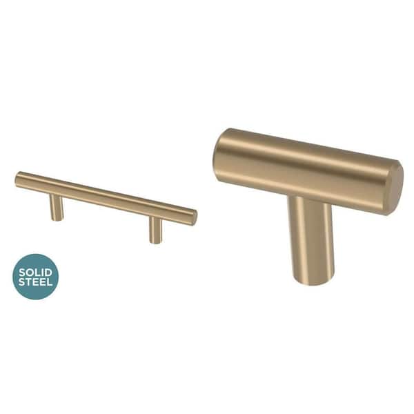 3 in. Solid Bar and 1-5/8 in. Steel Bar Modern Champagne Bronze Cabinet Pull and T-Knob Combo