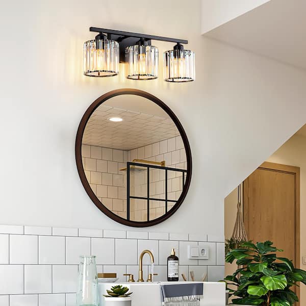 GoYeel 19.29 in. 3-Light Matte Black Modern/Contemporary Vanity Light with Cylinder Crystal Shade