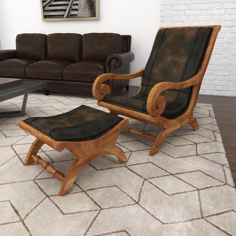 Traditional Dark Brown Leather Accent Chair and Ottoman Set