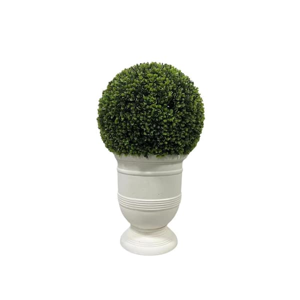 24 in. Ball Topiary in White Pot, Artificial Faux Plant with Stone Vase for Indoor and Outdoor