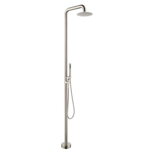 2-Handle 2-Spray Outdoor Freestanding Shower Faucet Kit 1.8 GPM Floor Mount Shower Kit w/ Hand Shower in Nickel