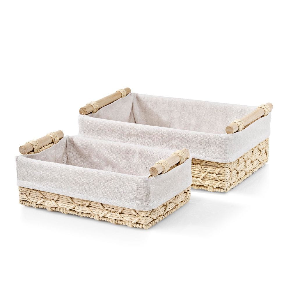 Macrame Boho Decor Baskets, Lined Woven Boxes Set for Bathroom, White 12 in