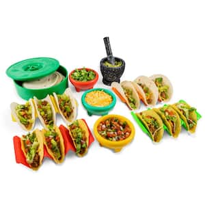 Taco Kit with Tortilla Warmer, 3 Salsa Bowls, 4-Set Taco Shell Holders, Mortar and Pestle