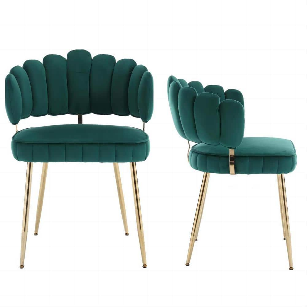 Modern Emerald Velvet Woven Accent Dining Chairs with Gold Metal Legs Set of 2 -  HOMEFUN, HFHDSN-685EM