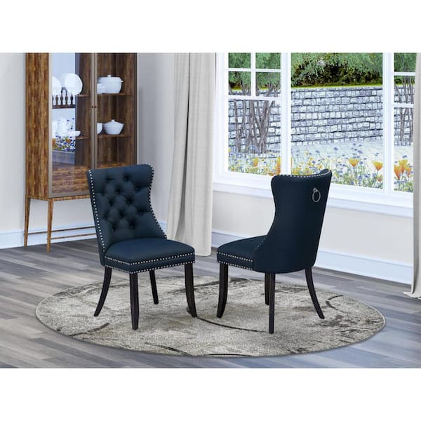 East West Furniture Sand Blasted Black, Parson Kitchen Chairs - Navy Blue Faux Leather Padded Dining Chairs, Set of 2
