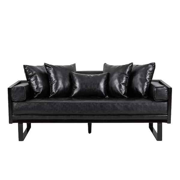 Unbranded Oversized Series 29.5 in. H x 72.5 in. W x 29.25 in. D Faux Leather Loveseat with Iron Legs and Pillows, Black