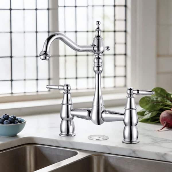 Classic Double-Handle Bridge Kitchen Faucet with 360° Swivel High Arc Spout in Polished Chrome