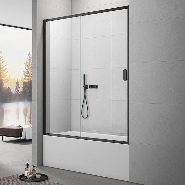 Sunrosa 59 in. W x 60 in. H Single Sliding Framed Tub Door in Matted Black with 1/4 in. Clear Tempered Glass