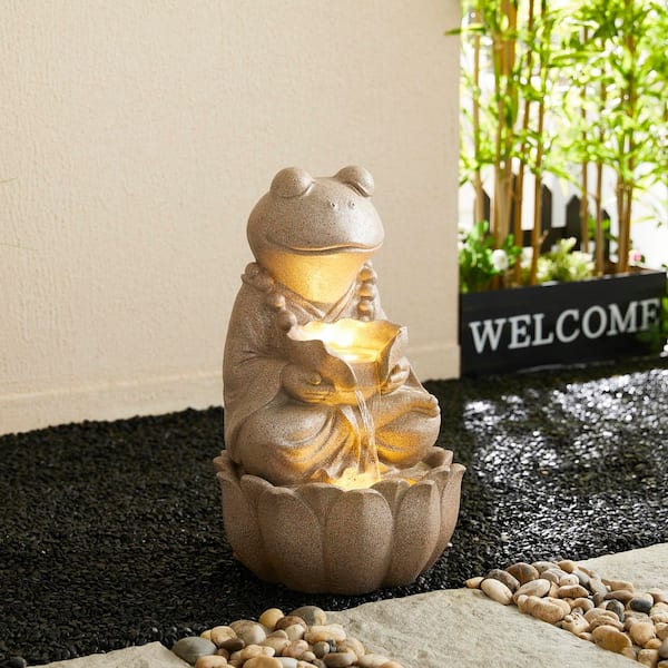 21.75 in. H Outdoor 2-Tiered Zen-Style Frog Sand Beige Polyresin Water Floor Fountain with Pump and LED Light