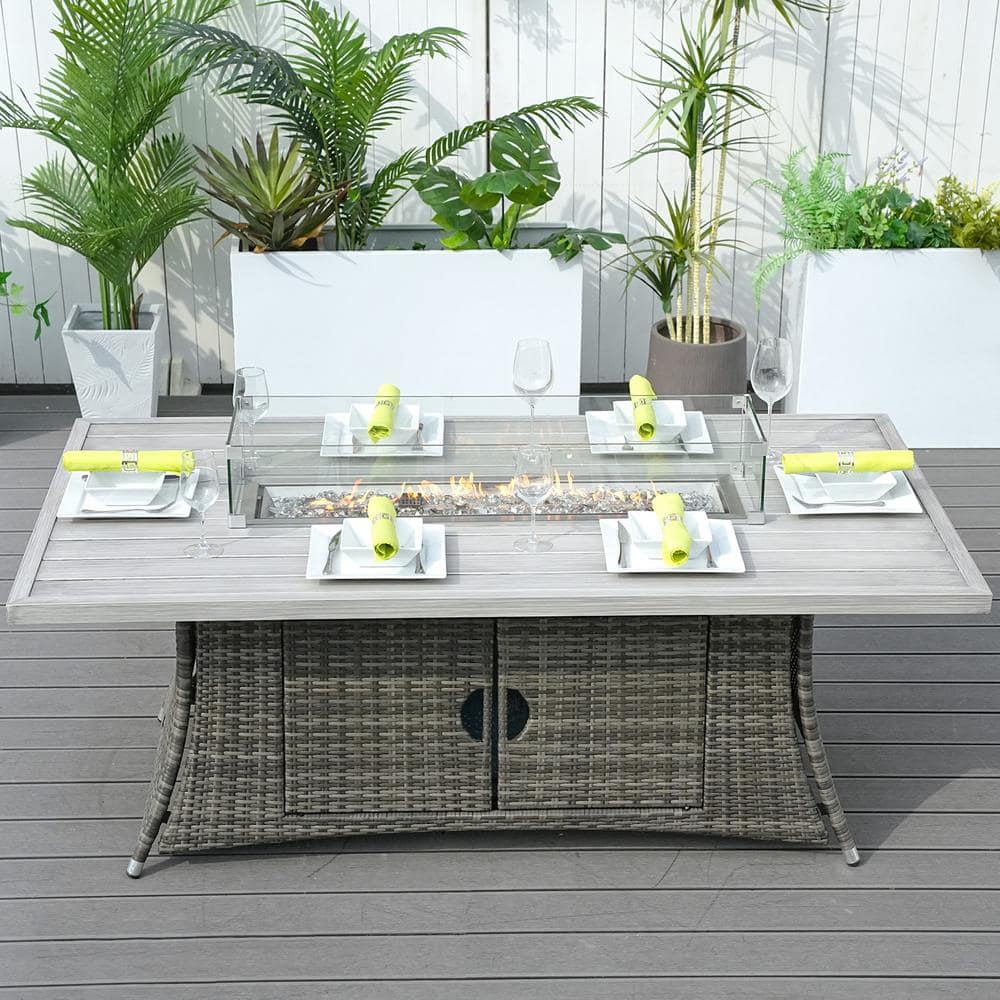 Gray Wicker and Aluminum Gas Fire Pit Table