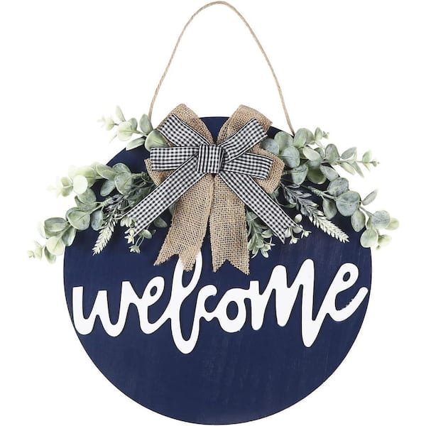 Unbranded 13 in. x 13 in. RoundFarmhouse Round Wooden Welcome Sign Blue by Wooden Wall Art