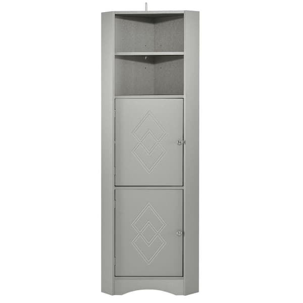 Polibi 14.96 in. W x 14.96 in. D x 61.02 in. H Gray Tall Bathroom Corner Linen Cabinet with Doors and Adjustable Shelves