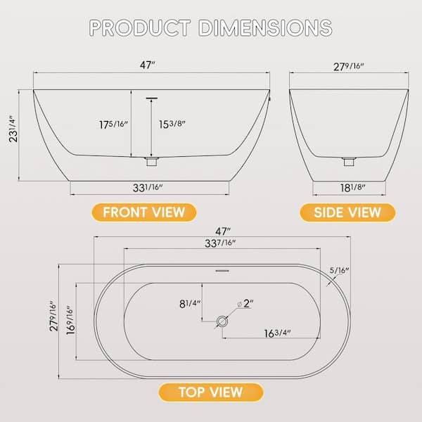 Bliss 47 in. x 27.5 in. Acrylic Freestanding Soaking Bathtub in White with Center Chrome Drain Oval Flat Bottom Bath Tub