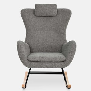 Gray Teddy Upholstered Rocker Glider Chair with High Backrest, Adjustable Headrest and Pocket
