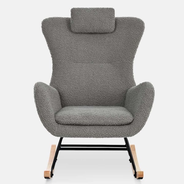 wetiny Gray Teddy Upholstered Rocker Glider Chair with High Backrest, Adjustable Headrest and Pocket