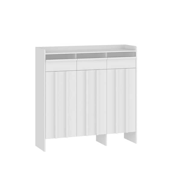 47.2 in. H x 47.2 in. W White Wood Shoe Storage Cabinet, Entryway Console with 3 LED-Lit Acrylic Drawers & Triple Doors