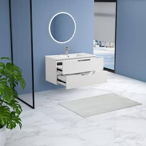 36 in. W Single Sink Floating Bath Vanity in White with White Ceramic Top and 2 Drawers