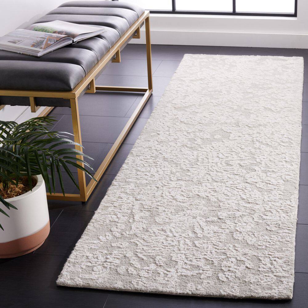 Light Gray Floral Hand-Tufted Wool Runner Rug