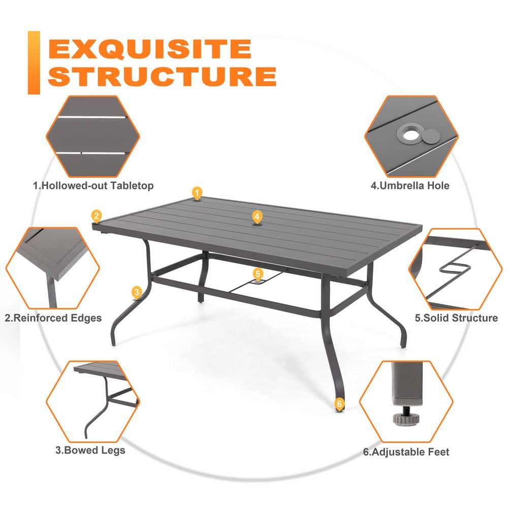 Nuu Garden 61'' Grey Iron Rectangular Patio Dining Table with Umbrella Hole